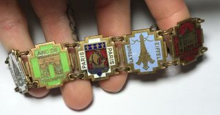 Vtg Brass Paris France Souvenir Enamel Panel Link Costume Bracelet