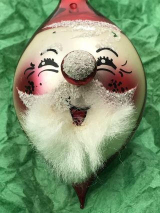 Vintage Santa Claus Head Face Christmas Ornament Glass Flocked Whimsical Beard