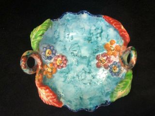 Vtg Italian Art Pottery Colorful Blue Bowl W/ Handles Majolica? Flower & Leaves