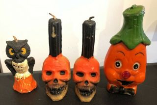 4 Vintage Gurley Halloween Candles Skulls Pumpkin Head Owl