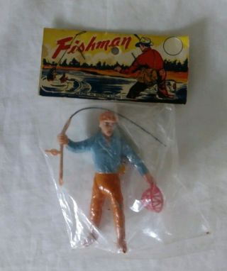 Vintage Hong Kong Plastic 2.  5” Toy Fisherman Figure W/ Pole Net Rare Prize