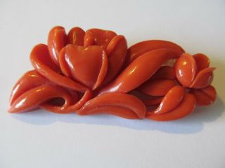 Vintage Wide Deep Coral Tone W/floral & Leave Designed Celluloid Brooch Pin