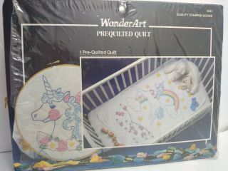 Vintage Wonderart Prequilted Baby Quilt Kit Embroidery Sweet Unicorn Theme 1991
