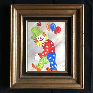 Clown Painting Enamel On Copper Signed Jean Lucey Framed Wall Art Circus Vtg
