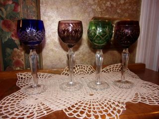4 Vintage Bohemian Red Blue Green Purple Cut To Clear Crystal Cordial Glasses