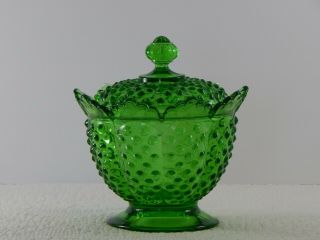 Vintage Fenton Green Hobnail Covered Footed Candy Dish/lid Scalloped Edge