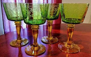 4 Vintage Large Etched Green And Amber Depression Glass Goblets,  Hand Blown