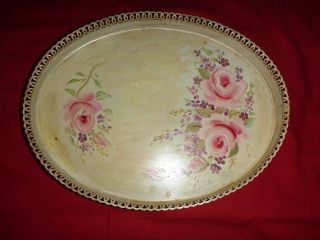 Antique Vintage Oval Tray 11” X 8.  5 " Hand Painted Rose Floral Tin Metal W Sides