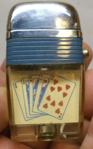 Vintage Scripto Vu - Lighter Royal Flush Hearts Cards Gambling Blue Band