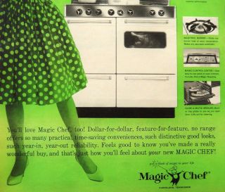 Vtg 1960 Magic Chef retro stove oven green advertisement print ad art 3