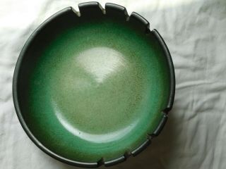 Large vintage green black & tan HEATH Round pottery ASHTRAY 8 1/2 inches signed 3