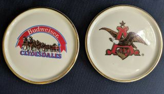 2 Vtg Anheuser Busch Beer Eagle Ceramic Coasters Gold Trim Budweiser Clydesdales