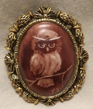 Vintage Estate Signed Hand Painted Owl Brooch Or Pendant Cute