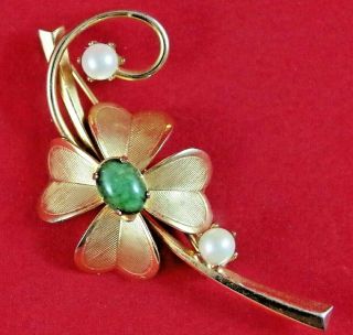 Vtg Mid - Century 2.  25 " Lucky 4 Leaf Clover W/ Faux Pearls & Jade Gold Brooch Pin