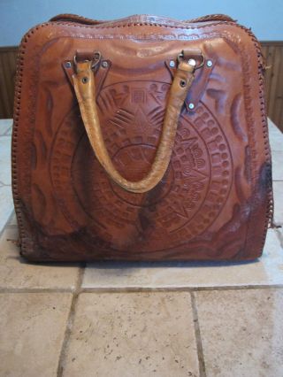 Vintage Brown Hand Tooled Leather Bowling Bag Antique Indian Aztec Handbag Tote