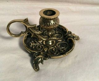 Antique Vintage England Solid Brass Chamber Stick Finger Hold Candle Holder