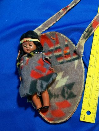 Vintage Hard Plastic Native American Indian Baby Doll Blanket Braids Sleepy Eye
