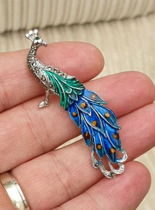 Vintage Art Deco Jewellery Sparkling Marcasite Enamel Peacock Silver Brooch Pin