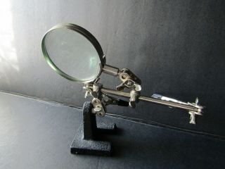 Vintage Fly Tying Magnifying Glass With 2 Alligator Clips On Stand