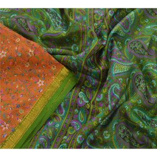 Sanskriti Vintage Orange Saree Pure Silk Printed Zari Border Sari Craft Fabric