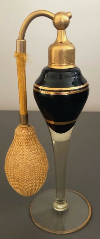 1920’s Art Deco Fine Vintage Black & Gold Atomizer Perfume Bottle