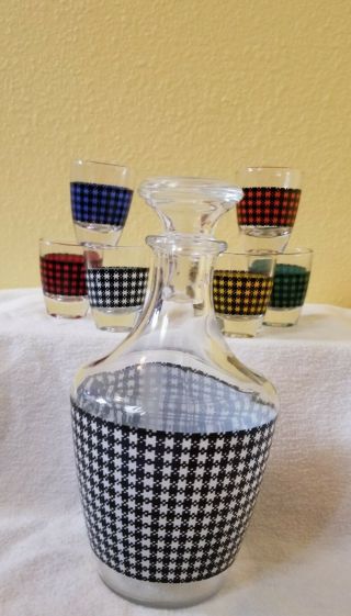 Vintage Decanter Set With Shot Glasses Made In France With Plaid Design Barware