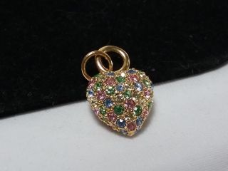 Vintage Gold Estate Pink Blue Green Rhinestone Puffy Heart Necklace Pendant