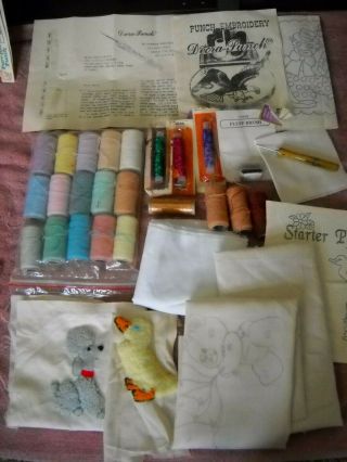 Vintage Decra Punch Embroidery Needle Kit Tool Patterns Material Threads Fluff B