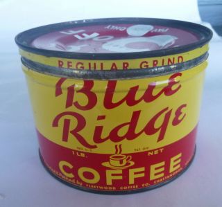 Vintage Blue Ridge Coffee 1 Lb Keywind Tin Can Fleetwood Chattanooga Right Lid