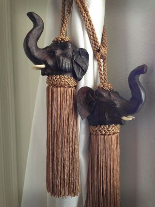 Curtain Tie - Backs Rare Vintage Elephants Raised Trunk Leather Gold Tassel Pair