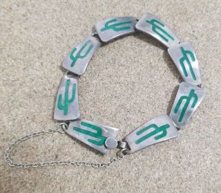 Vtg Taxco Mexico Jsf Sterling Silver Green Cactus Design Bracelet W/safety Chain