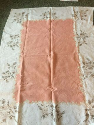 Vintage Tablecloth Brown Floral Print/peach Center Linen Cotton 50 " X 66 "