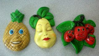3 Vintage Anthropomorphic Chalkware Fruit Faces Wall Hangings Pineapple,  Pear,  Ch