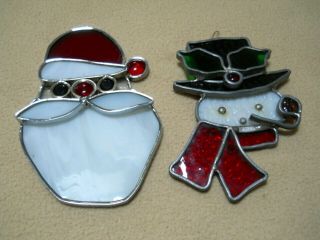 2 Vintage Hand Crafted Stained Lead Glass Christmas Suncatchers/ Santa / Snowman