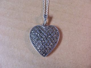 Vintage Sterling Silver Marcasite Double Sided Heart Pendant W/ Chain