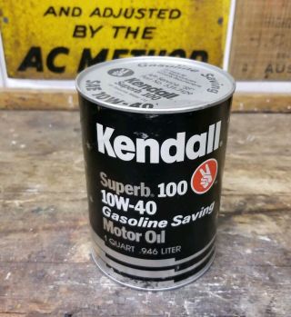 Vintage Kendall 100 10W - 40 Motor Oil Can 1 Qt FULL Old Gas Station Neat 2
