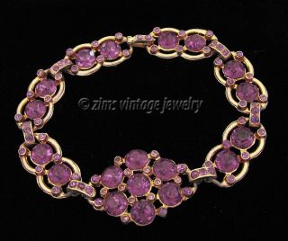 Vintage 1930’s Art Deco Era Amethyst Purple Rhinestone Floral Gold Link Bracelet