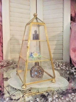 Vintage 9 " Glass & Brass Curio Cabinet Display Case Pyramid Great For Miniatures