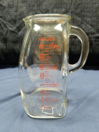 Vintage Glasco Usa Pot Belly Measuring Pitcher 1 Qt = 4 Cups With Red Lettering