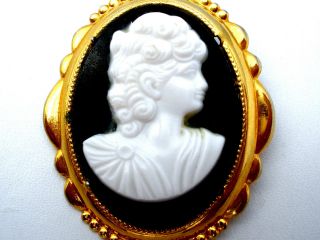 Vintage Black & White Lucite Cameo Brooch Pin Gold Tone Victorian Style Jewelry