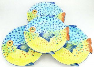 Vintage Fish Plates Italy Zanolli Hand Painted Italian Ceramic Set Of 4 (284)