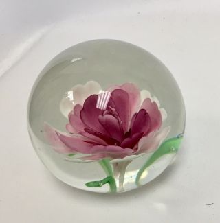 Vintage Art Glass Paperweight Pink Flower 2 1/4 " By 2 "