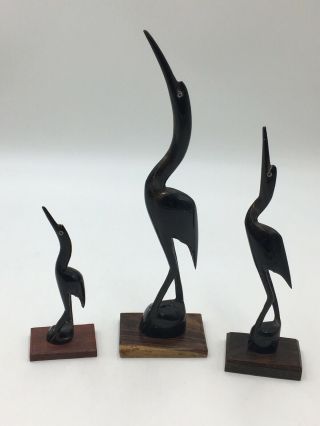 Vintage India Egret Carved From Buffalo Horn On A Wood Base Set Of 3