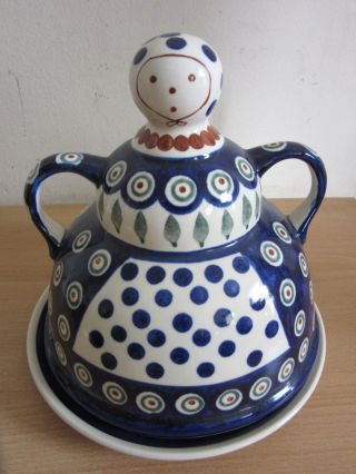 Vintage Boleslawiec Polish Pottery Woman In Dress Covered Cheese Dish Lady