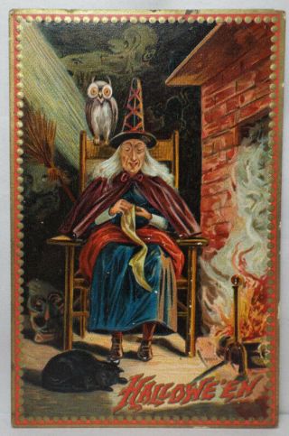 Antique Halloween Tucks Postcard Witch Black Cat Owl Fireplace Series160 Vintage