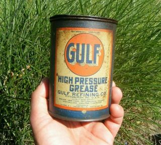 Early Vintage Gulf Gas Station Grease Oil Tin Can - 1 Pound Size - Barn Find