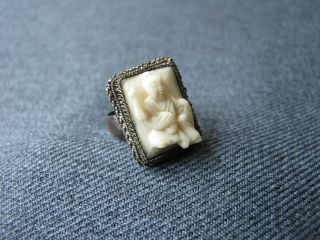 Vintage Carved Bovine Bone Chinese Man Filigree Silver Plated Adjustable Ring