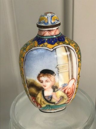 Vintage Chinese Snuff Bottle Enamelled On Copper Decoration To Both Sides