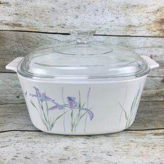 Vintage Corning Ware Shadow Iris White Flowers 3 Qt Covered Casserole Dish