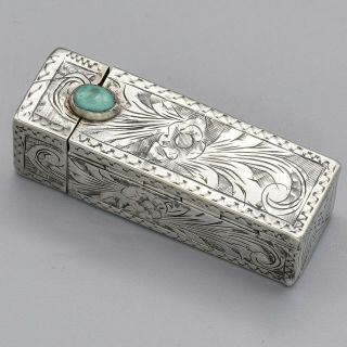 Vintage Sterling Silver Turquoise Etched Lipstick Holder With Mirror 23.  3 Grams